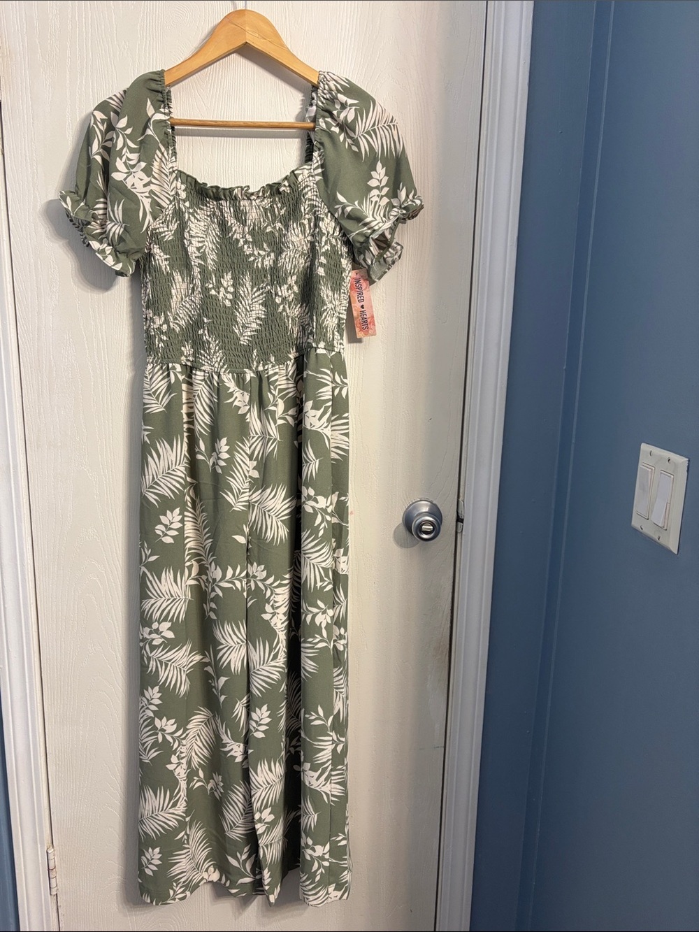 Inspired Hearts Olive Green & White Floral Smocked Maxi Jumpsuit